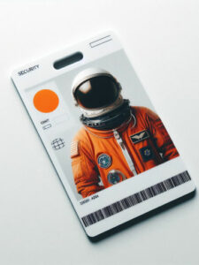 Pass de sécurité comportant la photo d'un cosmonaute en costume orange et un petit cercle orange au coin de la carte. Fond blanc pur.