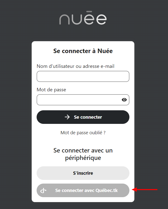 Sur la page de connexion de Nuée, cliquer sur le bouton « Se connecter avec Québec.tk »