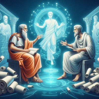 Platon and Aristotle, dressed in their classical togas, engaged in animated discussion with a modern thinker